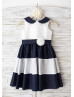 Ivory Navy Blue Stripe Taffeta Knee Length Flower Girl Dress 